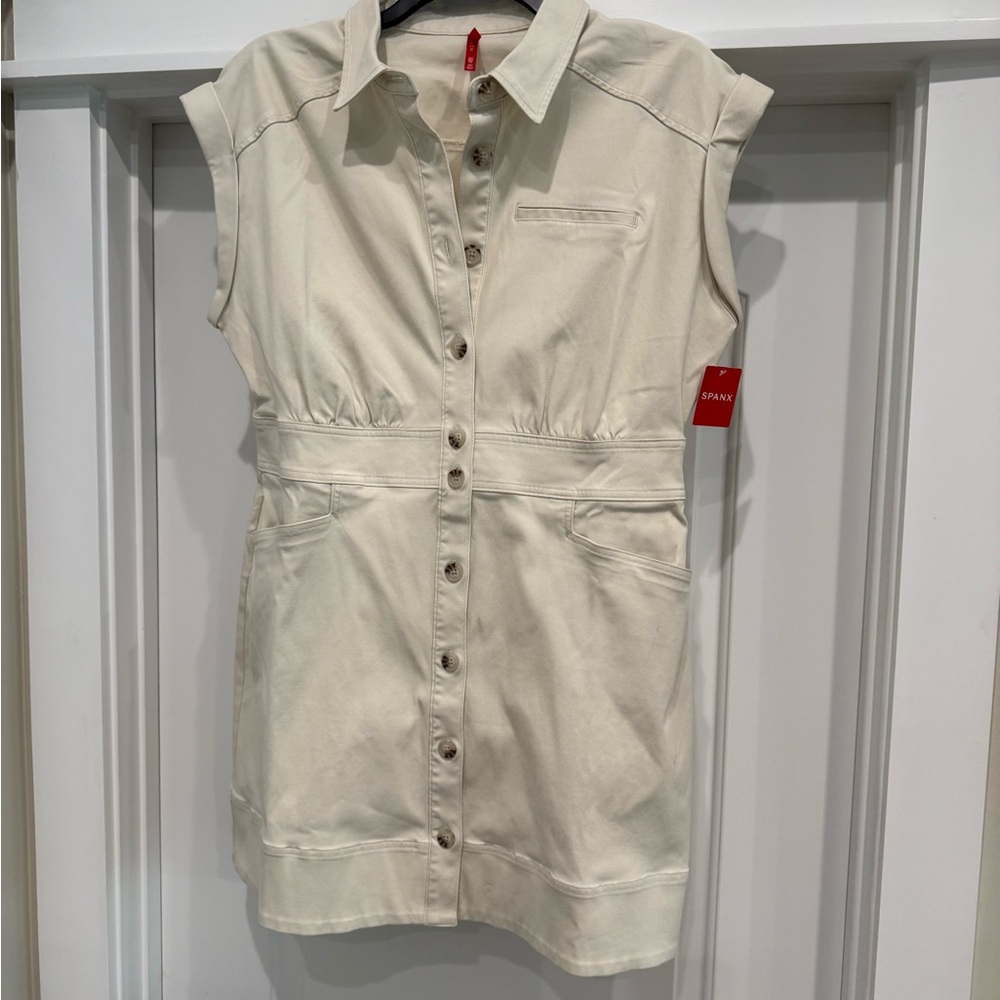Spanx Stretch Utlity Twill Button-Up Short Sleeve Stretch Cream Mini Dress - Picture 3 of 7